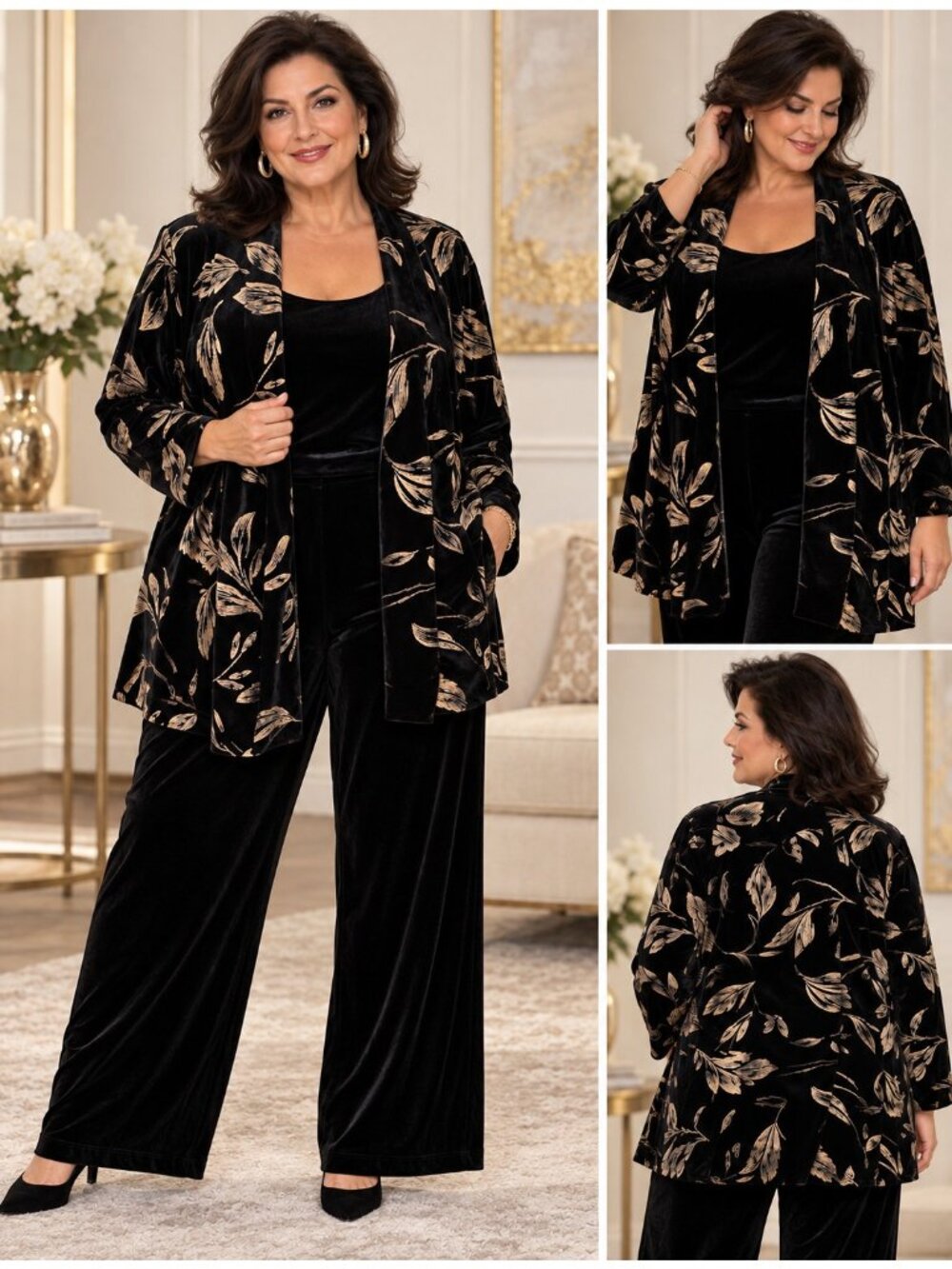 Vintage R&K Evenings 2X Black Velvet Gold Leaf Open Front Glam Jacket NWT